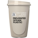 Wiederverwendbarer Becher mit Klappdeckel und Isolierring 350 ml farbe sandbraun zweite Ansicht mit Logo