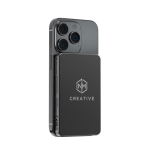 Magnetische Powerbank mit kabelloser Ladefunktion, 15 W, 5.000 mAh farbe schwarz Ansicht mit Logo