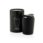 Thermobecher aus Kunststoff für Kaffee mit tropfsicherem Deckel 220 ml farbe schwarz Ansicht mit Box