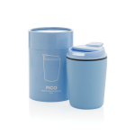 Thermobecher aus Kunststoff für Kaffee mit tropfsicherem Deckel 220 ml farbe hellblau Ansicht mit Box