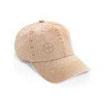 6-Panel-Cap in gewaschener Optik aus recycelter Baumwolle 270 g/m² farbe beige Ansicht mit Logo