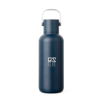 Doppelwandige Thermoflasche mit Strohhalm und auslaufsicherem Deckel 600ml farbe marineblau Ansicht mit Logo