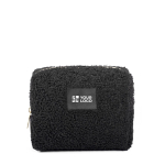 Kulturbeutel aus Polyester mit Sherpa-Oberfläche und Reißverschluss, 360 g/m² farbe schwarz Ansicht mit Druckbereich