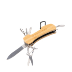Multifunktionswerkzeug aus Bambus und Edelstahl mit 9 Funktionen und Karabiner Hauptansicht
