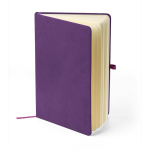 A5-Notizbuch mit Einband aus recyceltem PU-Kunstleder, Lesezeichenband und linierten Seiten farbe violett dritte Ansicht