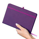 A5-Notizbuch mit Einband aus recyceltem PU-Kunstleder, Lesezeichenband und linierten Seiten farbe violett vierte Ansicht