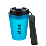 Transparenter Kunststoffbecher mit Schraubdeckel und Handgelenkschlaufe, 350 ml farbe hellblau Ansicht mit Druckbereich