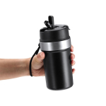 Thermobecher aus recyceltem Edelstahl mit Griff und Strohhalm, 490 ml