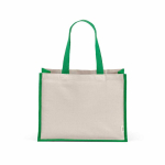 Einkaufstasche aus recycelter Baumwolle und laminierter Jute mit langen Henkeln, 300 g/m² farbe grün Ansicht von vorne