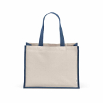 Einkaufstasche aus recycelter Baumwolle und laminierter Jute mit langen Henkeln, 300 g/m² farbe marineblau Ansicht von vorne