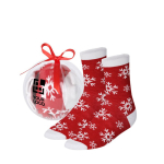Weiche Weihnachtssocken aus Polyester in transparenter Dekokugel Ansicht mit Druckbereich