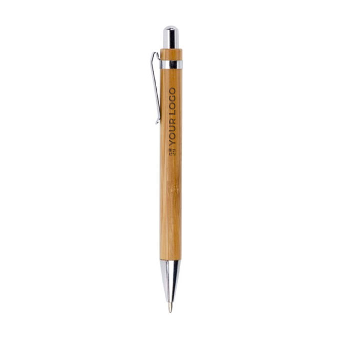 Klassischer Kuli mit Holzgehäuse, Chromelementen und blauer Tinte