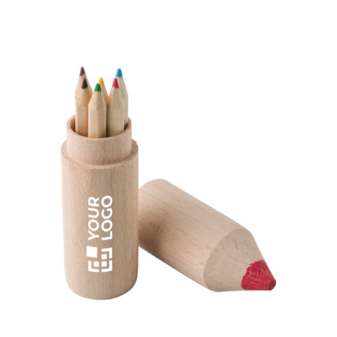 Set aus 6 Farbstiften in einer runden Holzbox in Form eines Bunstiftes