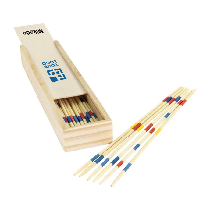 Mikado-Spiel aus Holz in einer bedruckbaren Holzbox