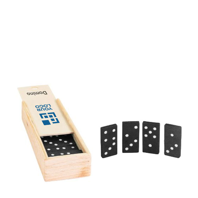 Domino-Spiel in einer Holzbox mit Lasergravur als Werbegeschenk