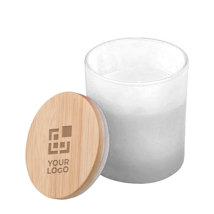 Pflanzenkerze im farbigen Glas mit Bambusdeckel als Werbegeschenk