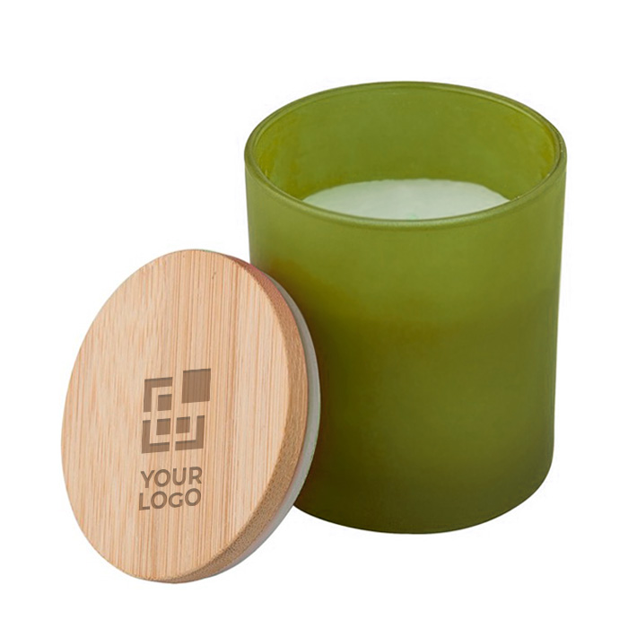 Kerze im farbigen Glas mit Bambusdeckel, verschiedene Düfte