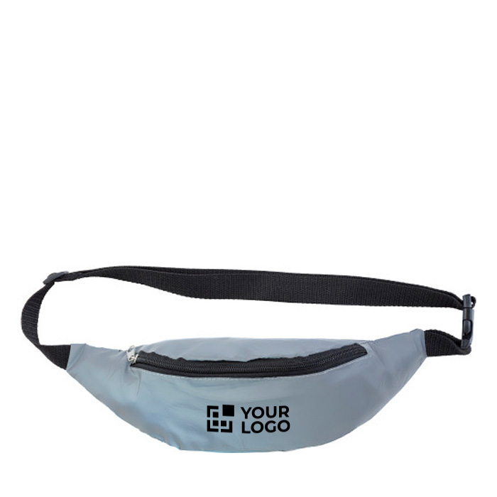 Silberne, reflektierende Bauchtasche für Neukunden mit Logo