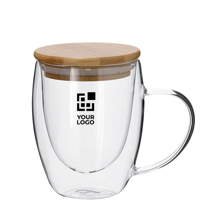 Doppelwandige Tasse mit Bambusdeckel mit Logo, 300ml