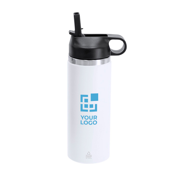 Flasche aus recyceltem Edelstahl, auslaufsicher, mit Strohhalm, 500 ml