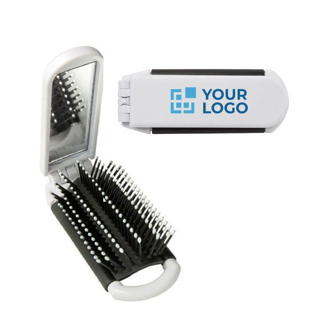 Aufklappbare Haarbürste mit Spiegel als Werbemittel für Friseure Ansicht mit Druckbereich