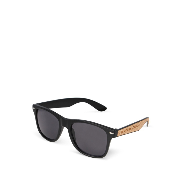 Sonnenbrille aus reyceltem Plastik und Korkdetails, UV400-Schutz Ansicht mit Druckbereich