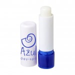 Origineller Lippenpflegestift in zwei Farben Farbe Blau Ansicht mit Logo