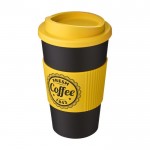 Kaffeebecher To Go aus Kunststoff mit Griff Farbe gelb Ansicht mit Siebdruck