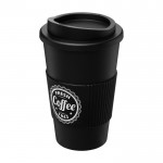 Kaffeebecher To Go aus Kunststoff mit Griff Farbe schwarz Ansicht mit Siebdruck