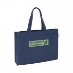 Tasche aus recycelter Baumwolle mit langen Henkeln, 280 g/m2 farbe blau Ansicht mit Logo 1