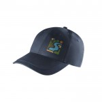 Mütze aus recycelter Baumwolle mit 6 Paneelen, 280 g/m2 farbe blau Ansicht mit Logo 1