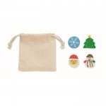 Set mit 4 Radiergummis im Weihnachtsstil mit Baumwollbeutel Farbe beige