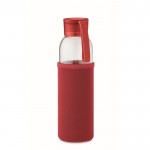 Flasche aus recyceltem Glas mit Hülle und auslaufsicherem Deckel, Farbe Rot