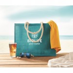 Einkaufs- oder Strandtasche aus Jute Farbe Türkis Stimmungsbild mit Druck
