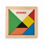 Buntes Tangram-Spiel aus Holz bedrucken Farbe Holzton zweite Ansicht mit Logo