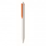 Weißer, recycelter Kugelschreiber mit blauer Tinte und farbigem Clip Farbe orange