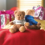 Teddybär mit T-Shirt Werbeartikel Farbe weiß Stimmungsbild mit Druck