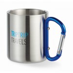 Tassen aus Metall mit Karabinerhenkel Farbe blau Ansicht mit Logo 3