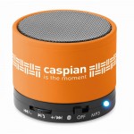 Runder bedruckter Bluetooth-Lautsprecher Farbe orange Ansicht mit Logo 2