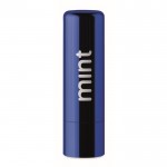 Lippenbalsam Behältnis mit Metalleffekt Farbe blau zweite Ansicht mit Logo