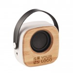 Lautsprecher aus Bambus mit Logo und Bluetooth 5.0 Ansicht mit Druckbereich