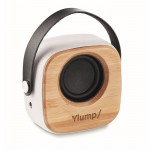 Lautsprecher aus Bambus mit Logo und Bluetooth 5.0 Farbe weiß Ansicht mit Logo 1