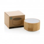 Kabellose Lautsprecher aus Bambus im runden Design Farbe weiß Ansicht mit Box