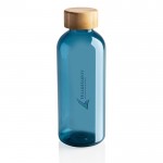 Kunststofflasche recycelt mit Bambusverschluss Farbe Blau Ansicht mit Logo