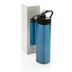 Trinkflaschen mit Strohhalm für den Sport Farbe blau Ansicht mit Box