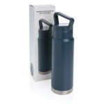 Hochwertige Stahlflaschen mit Griff bedrucken Farbe dunkelblau Ansicht mit Box