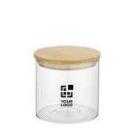 Kleines Lebensmittelglas mit Bambusdeckel, 320 ml Ansicht mit Druckbereich