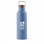 Flasche aus recyceltem Edelstahl mit Holzdeckel, 800 ml farbe blau Ansicht mit Druckbereich