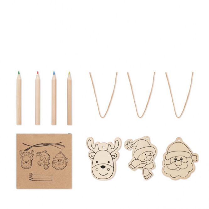 Set mit 3 Weihnachtsdekorationen aus Holz und Bleistiften in einer Box