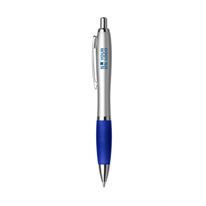 Silberner Kugelschreiber mit rutschfestem Halt, blaue Tinte